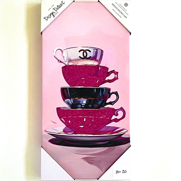 DESIGN DISTRICT STUDIO Wall Art Print Teacups Chanel 10x20 Pink Glitter Canvas - Picture 3 of 8